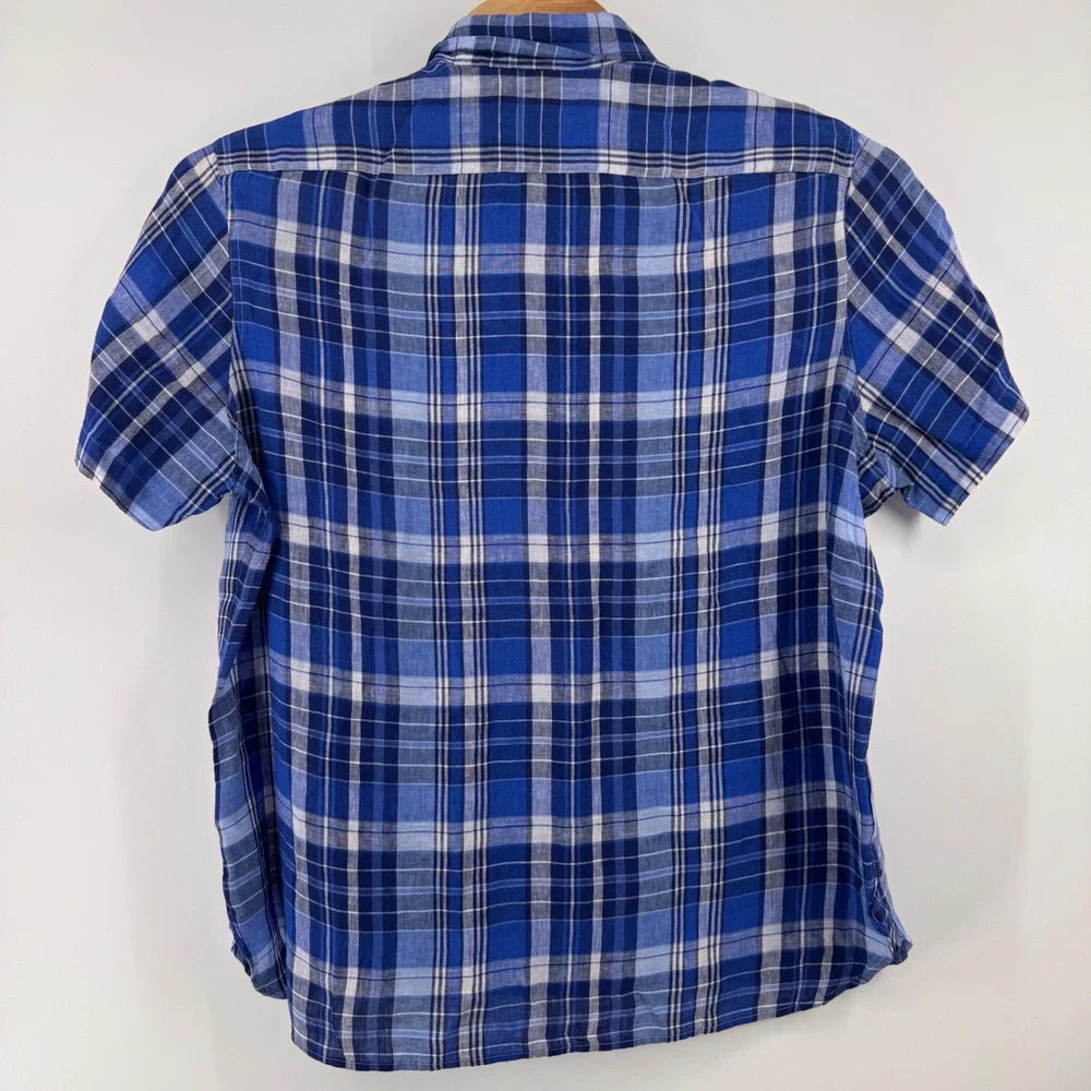 Polo Ralph Lauren Button Up Mens XL Blue Plaid Linen Short Sleeve Popover Shirt